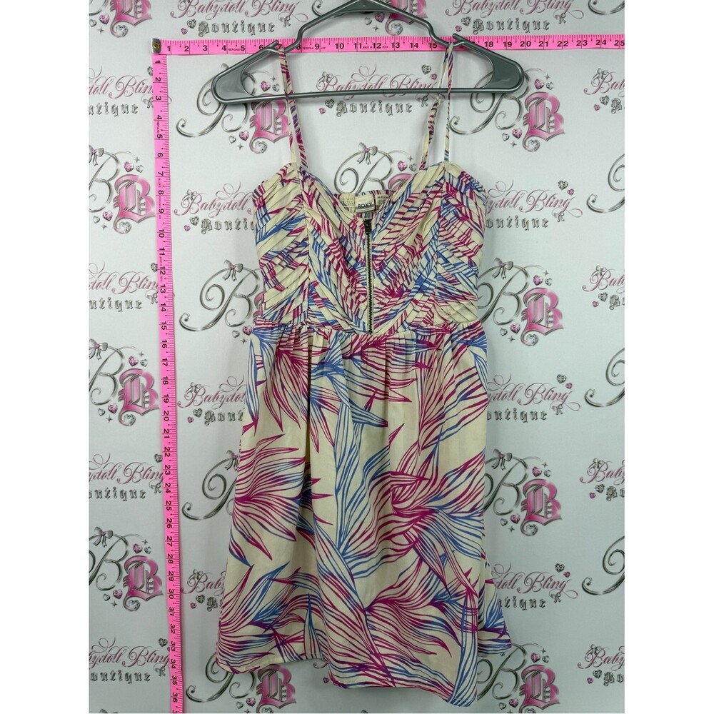 Roxy dress mini Cream Dress with Pink & Blue Leaf Print and Front Zipper